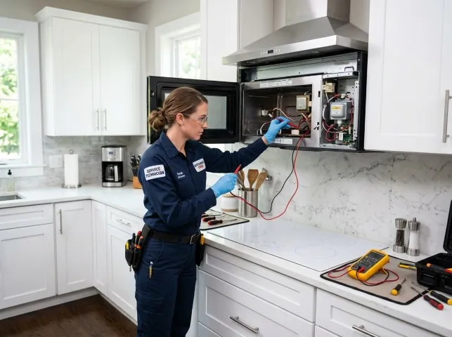 Appliance Repair Hero technician testing an over-the-range microwave in a Brewster, NY kitchen